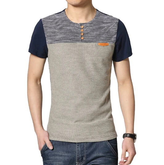 

Big size New summer men cotton o neck short sleeve t shirt patchwork button decorate t shirt men Mens casual tshirt