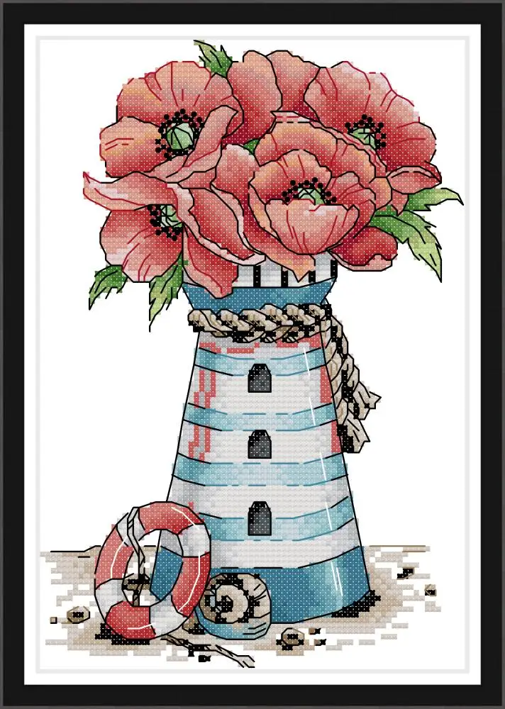 

Flowers lighthouse cross stitch kit aida 14ct 11ct count print canvas cross stitches needlework embroidery DIY handmade