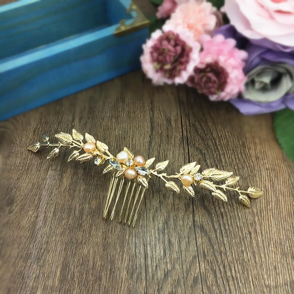 

Baroque Leaf Freshwater Pearl Bridal Headpiece Gold Comb Hair Jewelry Wedding Hair Accessories For Bride Bijoux Cheveux WIGO1266