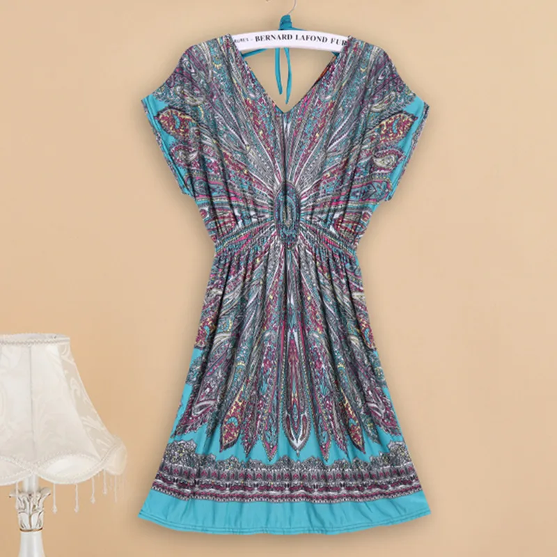 

new women summer dresses 2018 Loose Ethnic Print short sleeve tunics tunic dress casual Bohemian blue