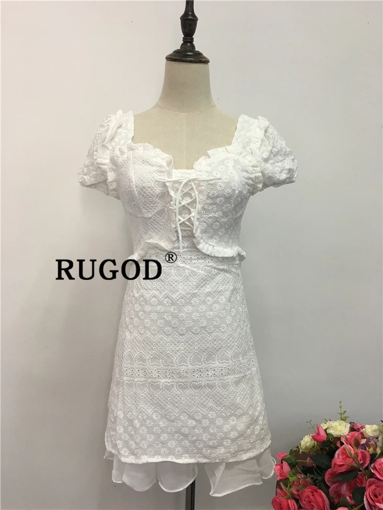 RUGOD корейское шикарное белое кружевное открытое женское платье с рукавами-фонариками, Сексуальное Тонкое кружевное лоскутное платье на шнуровке для девушек, платья для вечеринок vestidos