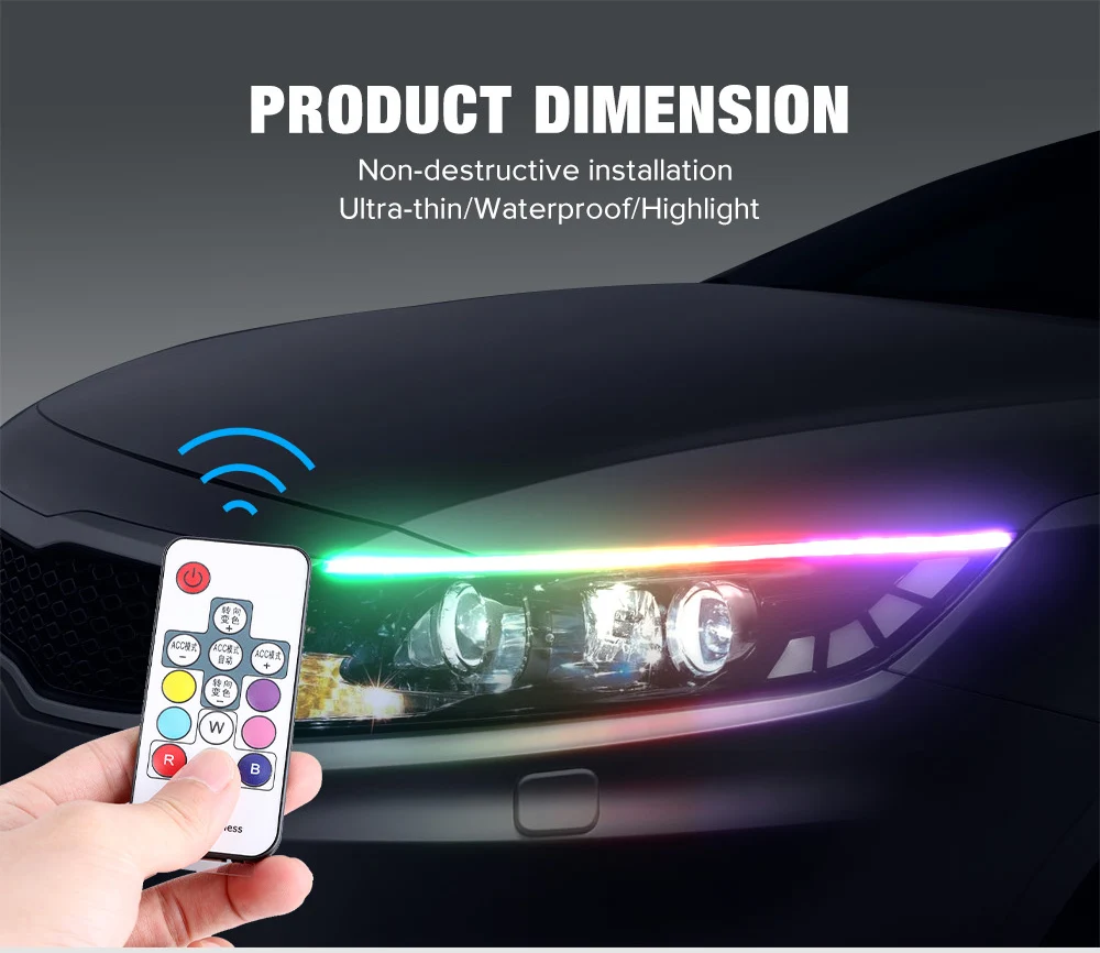Новинка, RGB, тонкий, последовательный, гибкий светодиодный, DRL, для головы, светильник, Полоска, дневной ходовой светильник, с пультом дистанционного управления, 12 В, RGB, динамический DRL