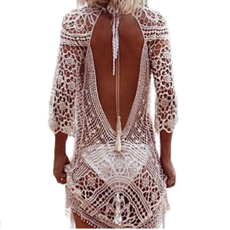 

Summer Women White O-Neck Lace Hollow Out Dress Ladies Backless Mini Dresses One Size Sexy Party New Arrival 42144