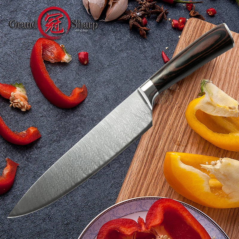 Кухонный нож шеф повара Grandsharp 8 дюймов с лазерным Дамасским узором из нержавеющей