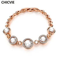chicvie retro gold pearl chain link charm cuff bracelets bangles for women girl stainless steel jewelry bracelet femme sbr160113