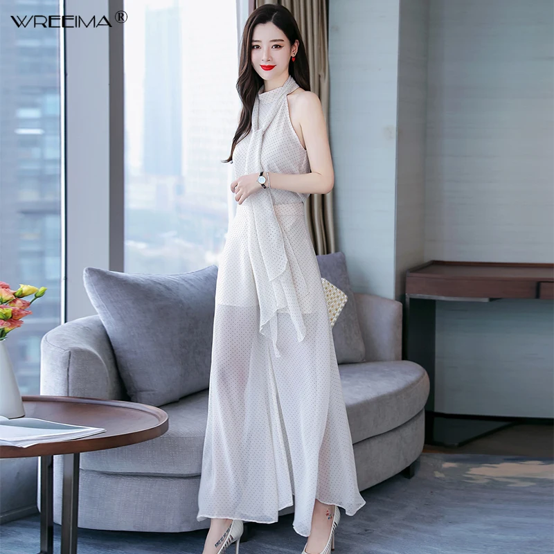 Женские шифоновые блузы в горошек без рукавов топы рубашки до щиколотки широкие