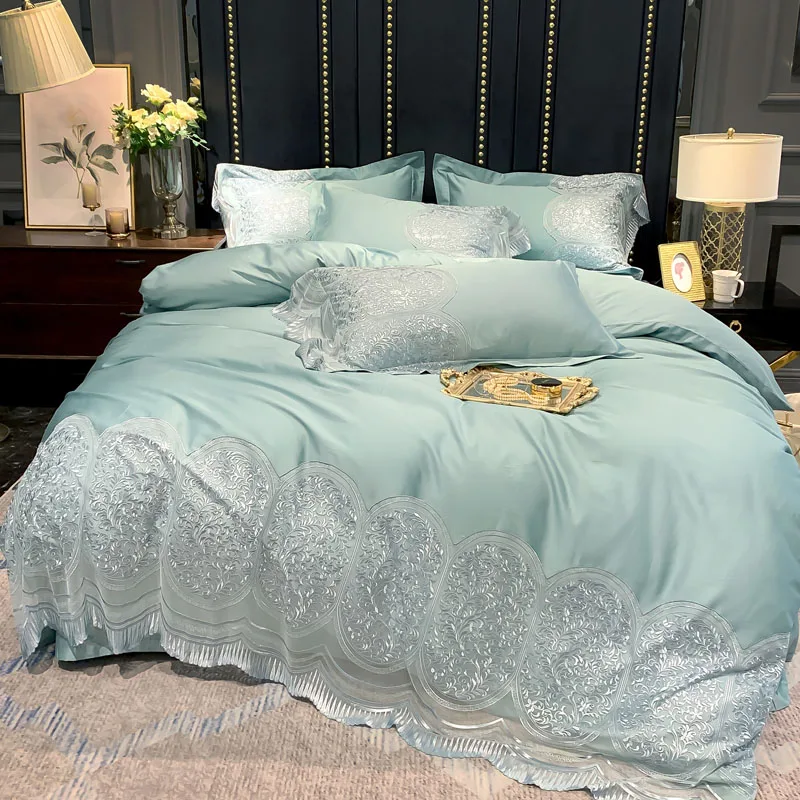 Embroidery sheet pillowcase duvet cover set New light green egyptian cotton lace bed linen bedclothes 4pcs/set adults | Дом и сад