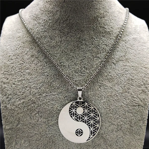 A 50CM box SR Цветок жизни YinYang ожерелье из нержавеющей стали для женщин черный серебряный цвет колдовство ожерелье s Ювелирное колье N186724 - Окраска металла: A 50CM box SR