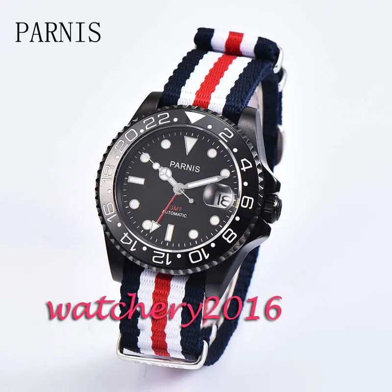 Повседневные мужские часы 40 мм Parnis черный циферблат сапфировое стекло PVD корпус