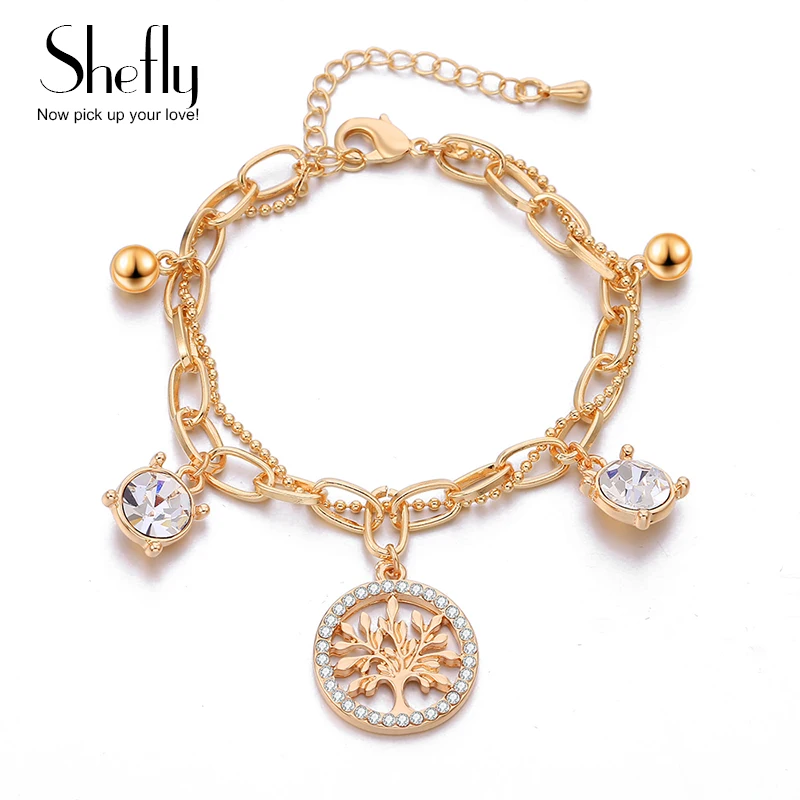 Женские браслеты Золотая многослойная цепочка Древо жизни и большой кристалл