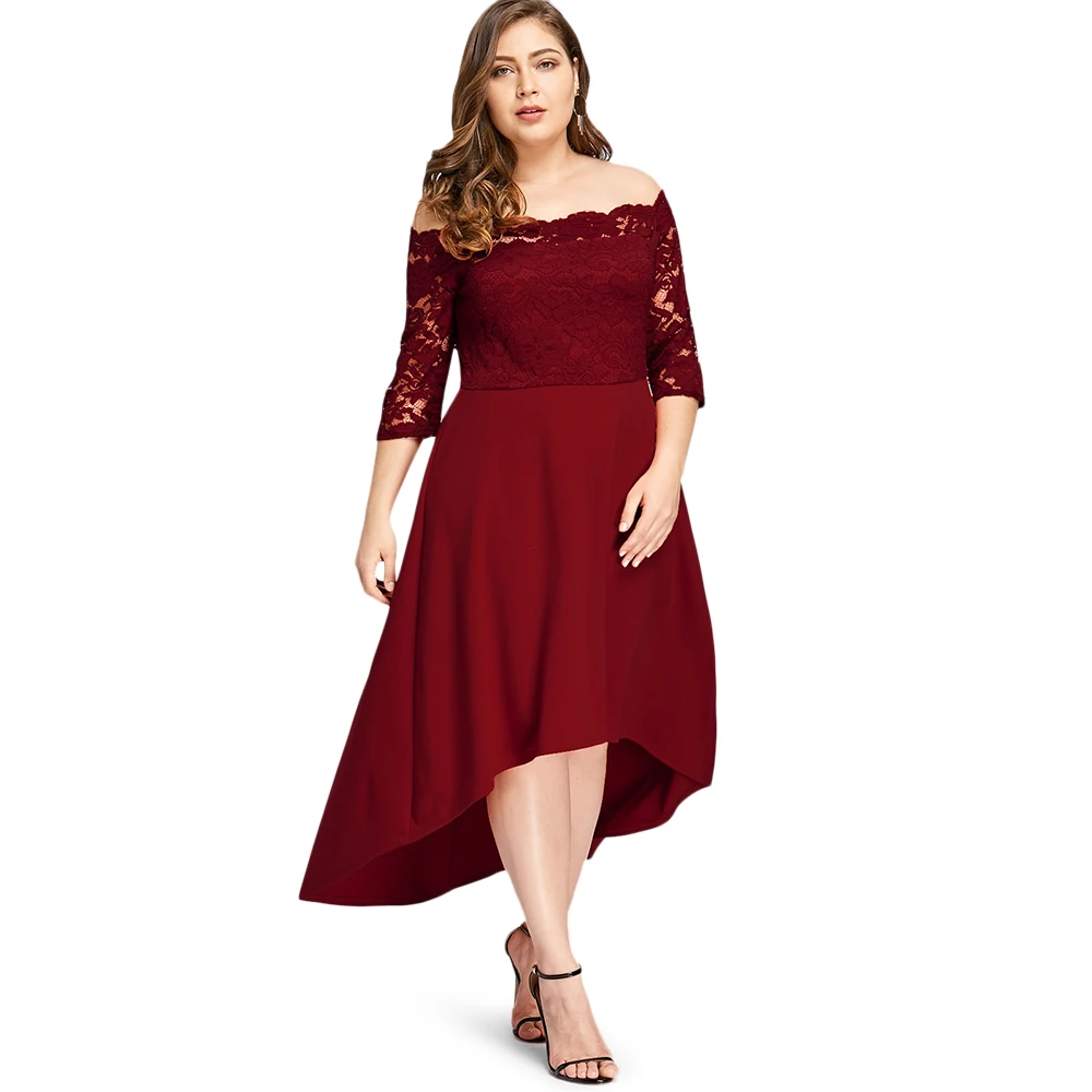 ROSEGAL размера плюс 5XL 4XL с открытыми плечами Высокая Низкая кружево Dip Hem Partty Платье женское элегантное асимметричное платье длиной до лодыжки Vestidos