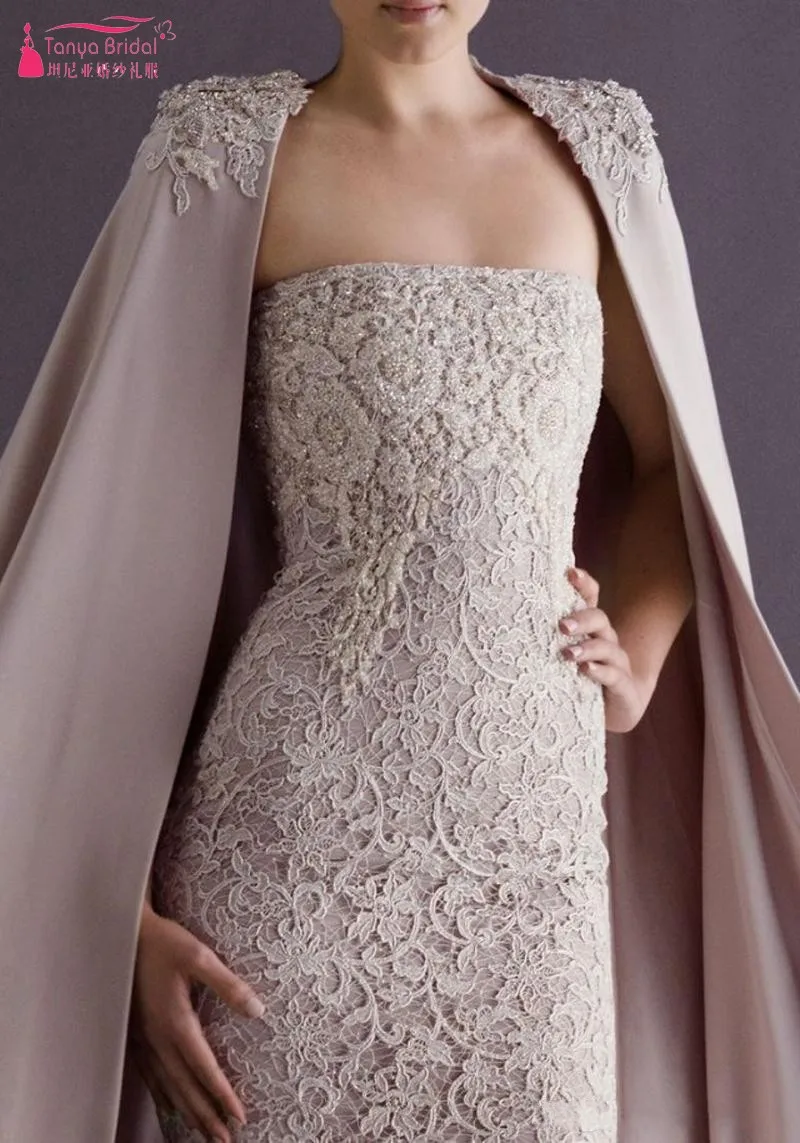 Short Cocktail Dresses with Long Coat Knee-length Strapless Lace Modest Sheath Arabic Dubai Occasion Party Gown DQG919