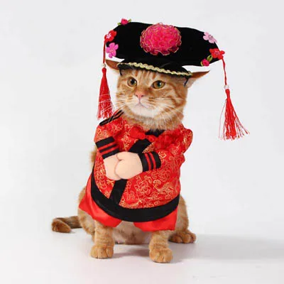 Красный Новогодний костюм Одежда для кошек китайский костюм Тан пальто для кошек Забавный стоящий император Принцесса Ролевые вечерние Одежда для домашних животных 10A - Цвет: Красный