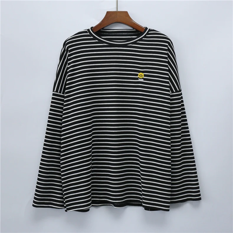 1330black Женские футболки с длинным рукавом, свободные, Harajuku, мягкие, с вышивкой, в полоску, шикарные, женские, корейский стиль, Kawaii, Повседневная футболка, модные футболки - Цвет: 1330black