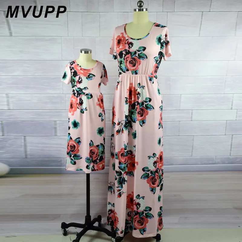 MVUPP/ г. платья для мамы и дочки модное платье с короткими рукавами и принтом по щиколотку для мамы и ребенка, новое семейное платье, большие размеры