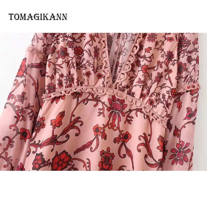Sexy Flower Print Chiffon Deep V-Neck A Line Full Sleeve Short Dress 2019 Women Fashion Dresses Holiday | Женская одежда