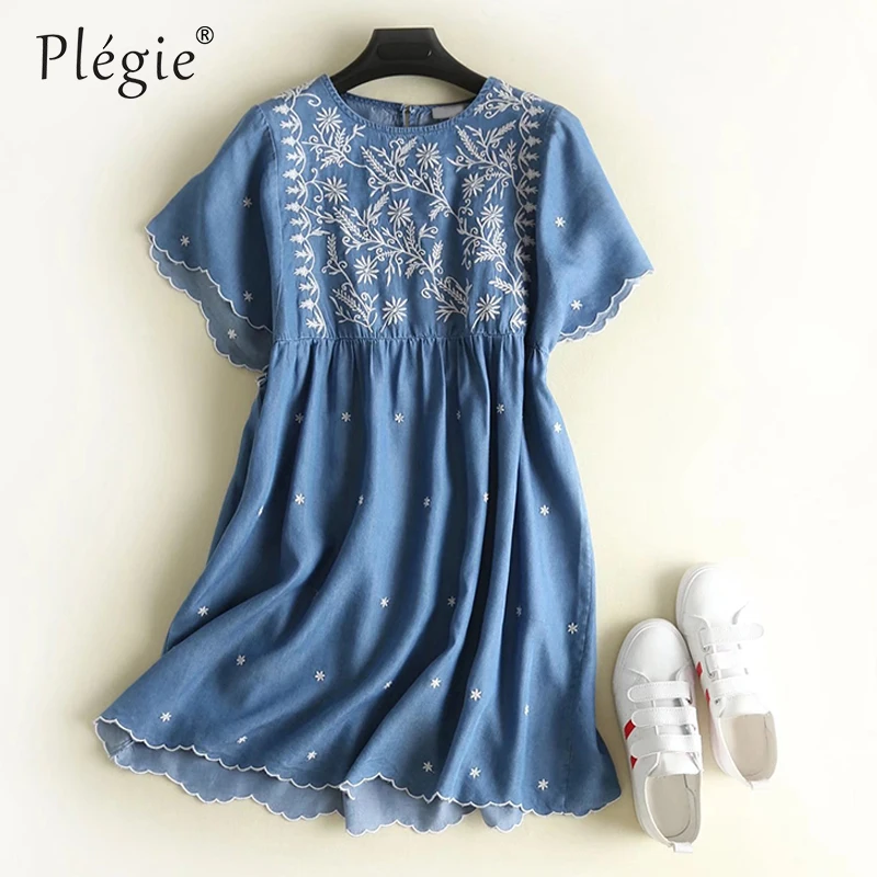 Летнее джинсовое платье Plegie из тенсела женское мягкое рубашка с вышивкой и