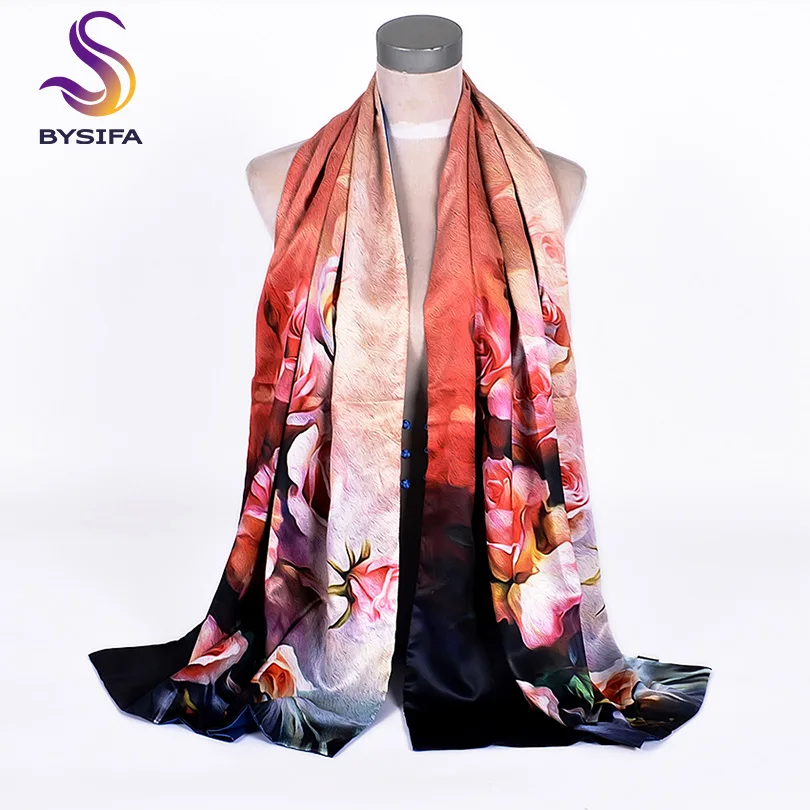 [BYSIFA] роскошный женский брендовый шелковый шарф шаль новые черные Розовые розы