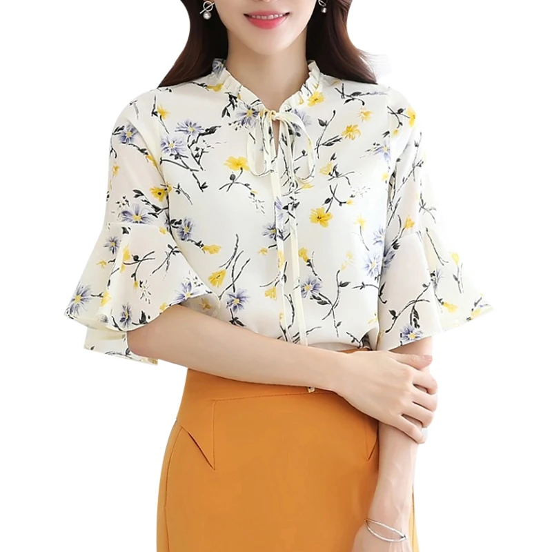 2017FUNOC одежда шифоновая блузка для женщин с рюшами рукава рубашки на шнуровке