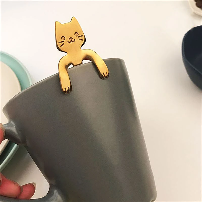 Creative Stainless Steel Cartoon Cat Hand Coffee Tea Spoon Ice Cream Dessert Long Handle Hanging Spoons Tableware Kitchen Tools | Дом и сад