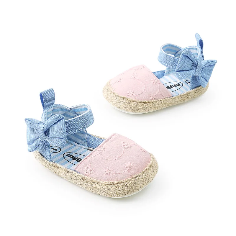 Zapatos suaves de verano para ni&ntilde;a, zapatillas de algod&oacute;n con lazo azul, a la moda, con suela blanda para caminar-4
