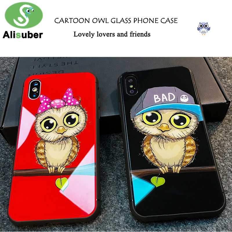Alisuber Cute Owl Tempered Glass Phone Case for iphone X 7 8 plus Cartoon Cases Anti-knock Back Cover 6 6s Plus |