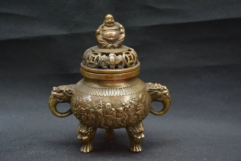

Collectable Old Ming Dynasty Copper Incense Stove \ Censer,Oriental Santa Claus & Buddha,with mark, Free Shipping
