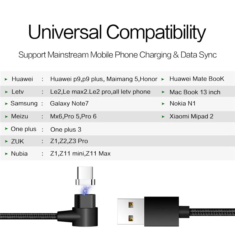 1 м 90 градусов Магнитный кабель Тип C USB для быстрой зарядки данных магнит зарядное