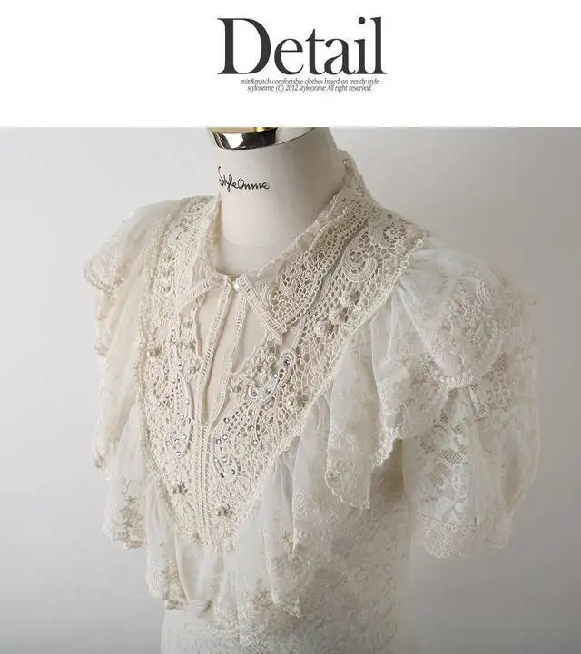 Wholesale New Fashion Hot Sale S/M/L/XL/XXL Elegant Summer Shirt Women White Ruffle And Beading Short Sleeve Lace Tops Blouses |