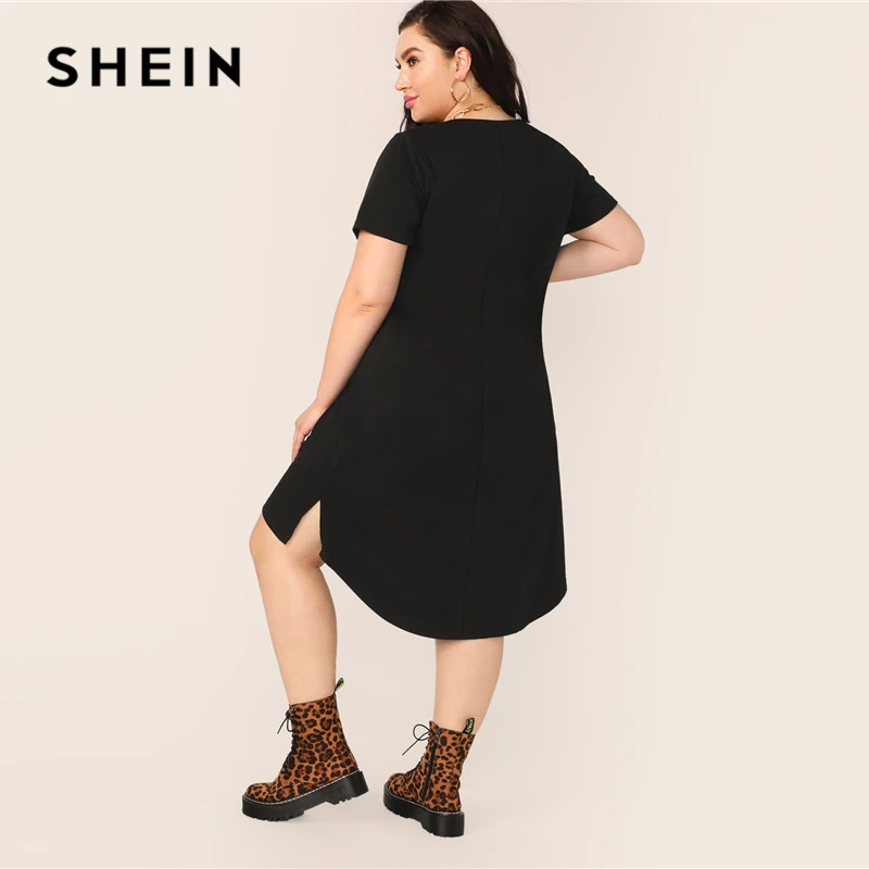 SHEIN, платье-туника размера плюс, черное, с разрезом, с высоким-низким подолом, однотонное,, женское, летнее, повседневное, с разрезом, прямое, плюс платья