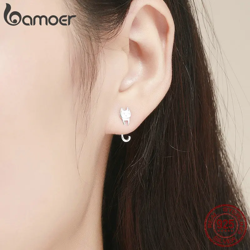 BAMOER,, серьги-капли из натуральной 925 пробы, Серебряная рыба и кошка, простая линия, для женщин, подлинные серебряные ювелирные изделия SCE488