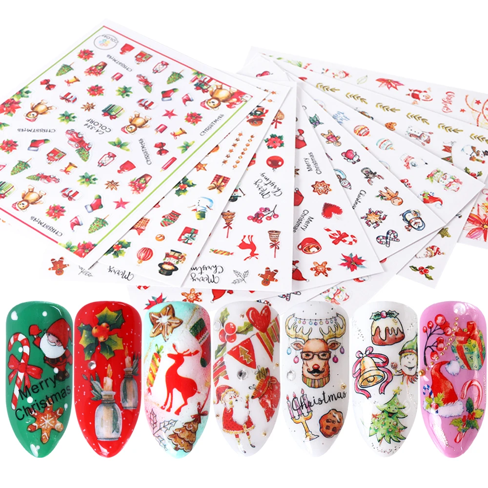 1 шт., зимние стикеры 3D на ногти Nail Art, клеящиеся, рождественские, Мультяшные, снеговик, Санта, цветы, слайдеры, наклейки, маникюрные украшения, TRCA329-337