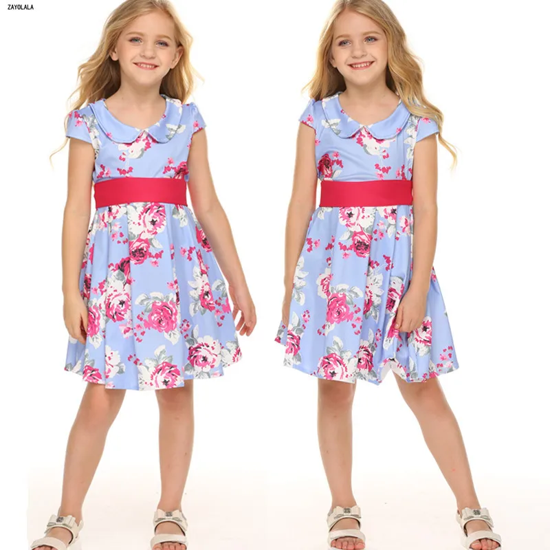 Children Flower Dresses For Girls Summer Kids Clothes Short Sleeve Belt Printed Princess Dress 3 4 5 6 7 8 Years | Детская одежда и