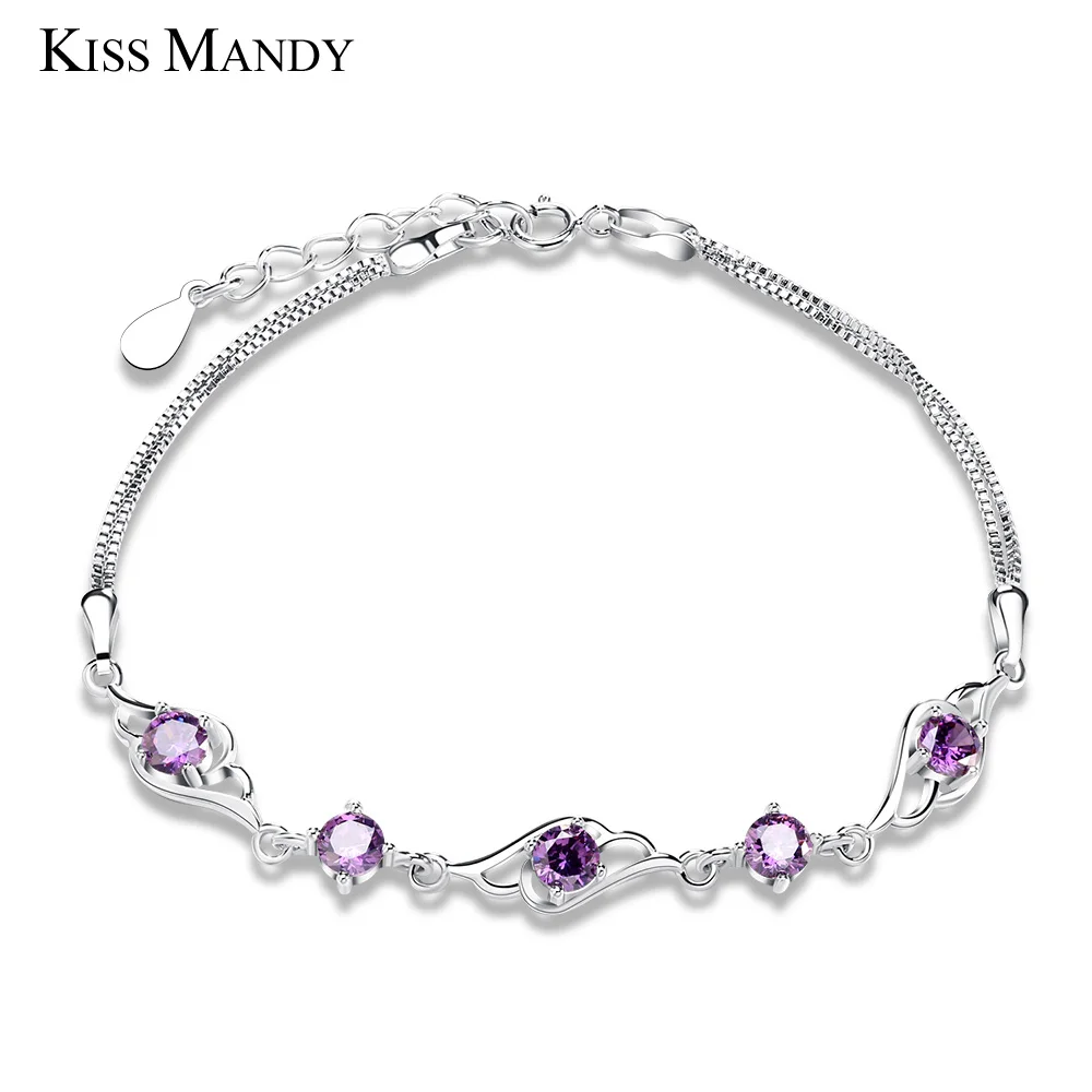 Женский браслет на запястье KISS MANDY белый/фиолетовый с цирконом цепочка для