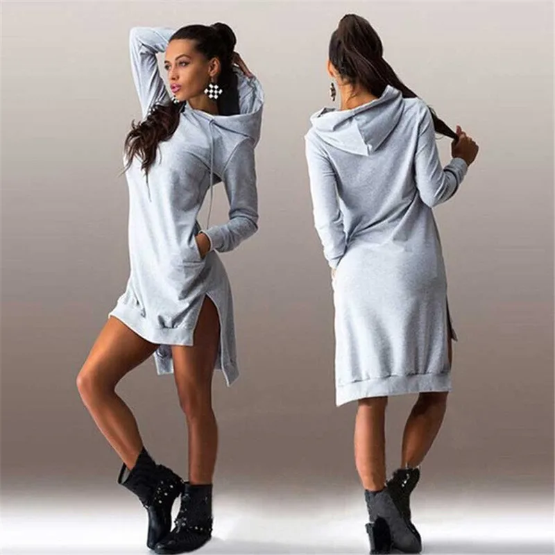 Зимние платья мини 2017 с длинным рукавом однотонное теплое тонкое повседневное