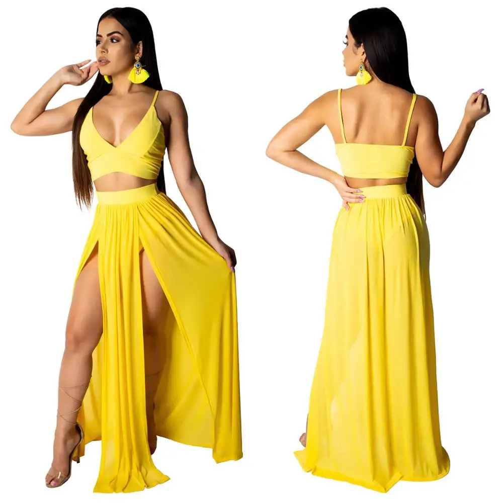 

Adogirl sexy transparent chiffon solid high split dress spaghetti strap croptops +mesh bottom dress open bra maxi long dress