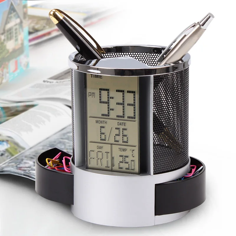 Черный Multifunction Pen Pencil Holder Digital Calendar Alarm Clock Time Temp Function Metal Mesh For Home Desk Office Supplies WXV Sal - Цвет: Черный