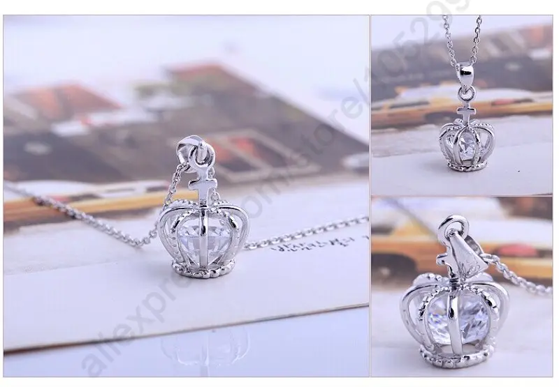 

Free Shipping 925 Sterling Silver Jewelry Crown Cross Cubic Zirconia CZ Stone Pendant Necklaces Pink With Rolo Chain