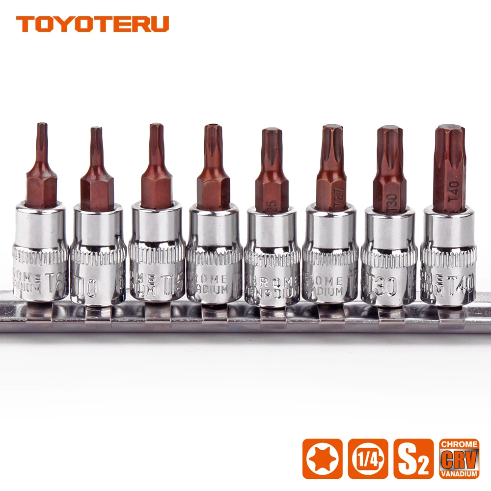 TOYOTERU, 8 шт./9 шт., торцевое долото, CR-V, гнездо, 1/", приводной Звездный бит, T8, T10, T15, T20, T25, T27, T30, T40, S2, биты с ручкой