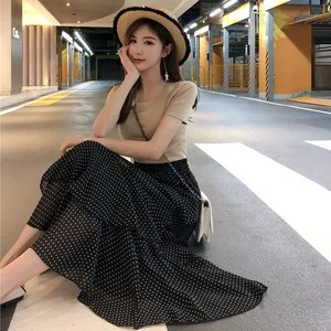 black dot Limiguyue летний женский Печатный принт юбка Бохо богемные оборки многослойная пляжная длинная юбка высокая талия Повседневная Милая T915 - Цвет: black dot