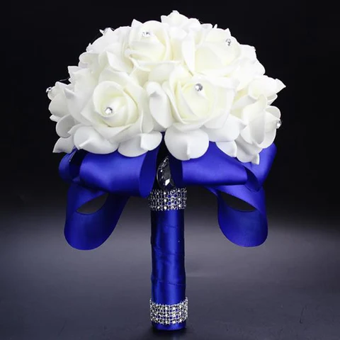 Perfectlifeoh Невеста Роза для подружки невесты Искусственные руки держат Свадебные цветы Свадебные букеты для украшения вечеринки королевский синий