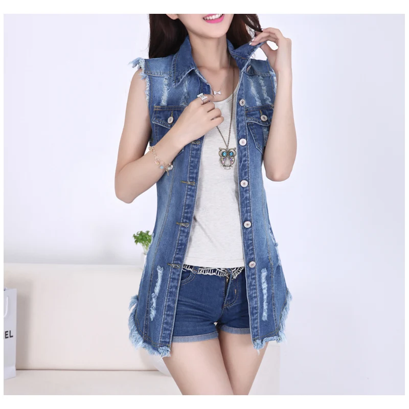 

outwear coats vest cotton denim high street patchwork long vintage frayed turn down collar single breasted fasion summe