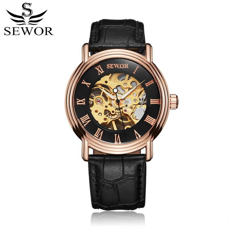 SEWOR Mechanical Hand Wind Watch for Men Leather Skeleton Male Watches Luxury Classic Mens With Box SWQ53 | Наручные часы