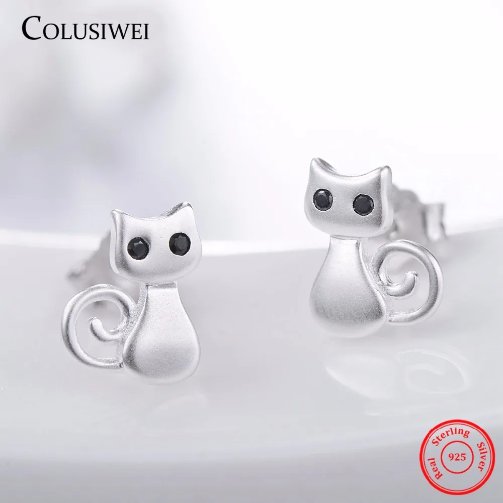 New Lovely Cute Cats Stud Earrings Natural Obsidian Silver 100% 925 Sterling For Women Wedding Jewelry Brincos | Украшения и