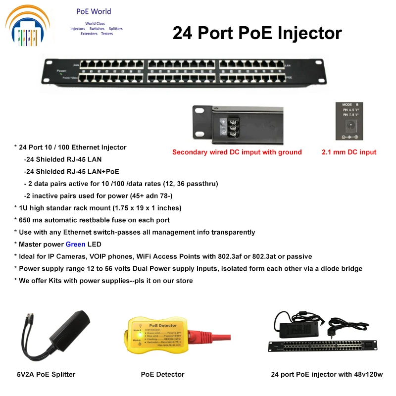 

24 Port Passive Poe Injector 100M Speed with 48V120W power supply for 24 IP camera VOIP 802.3af Devices CCTV security camera