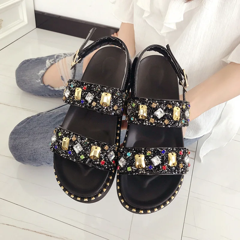 Модные летние сандалии на платформе 2018 женские с открытым носком кристаллами