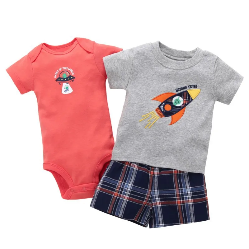 3 PCS Baby Boy Clothes Set Cartoon Striped Car Dinosaur T-shirt + Shorts Rompers Newborn |