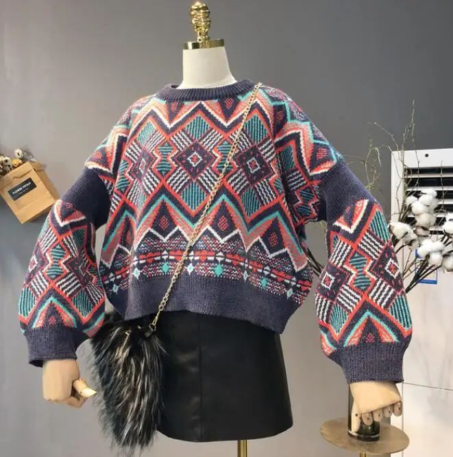 Женский свитер в стиле ретро Свободный вязаный пуловер большого размера