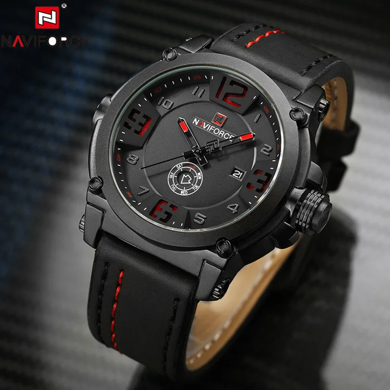 Black Black Red Naviforce модные спортивные кожаные роскошные часы мужские водонепроницаемые мужские наручные часы со светящимся циферблатом мужские наручные часы Reloj Hombre - Цвет: Black Black Red