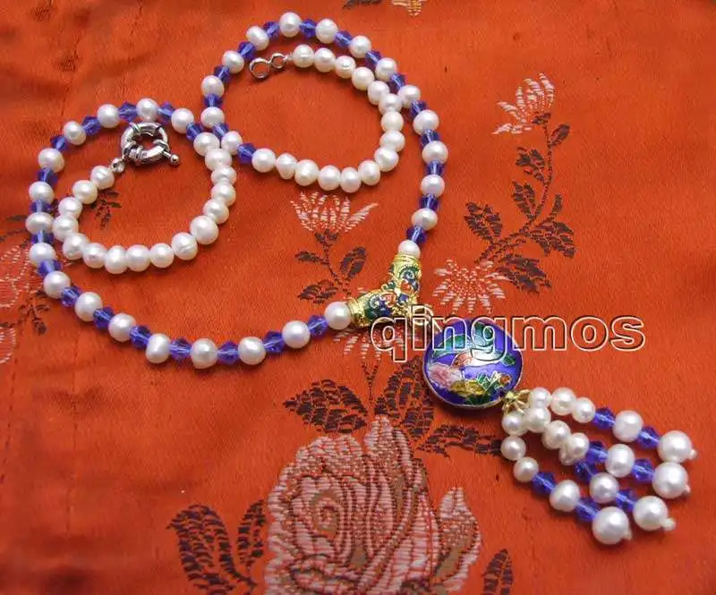 Круглый белый жемчужный с синим кристаллом 5 6 мм 18 дюймов Necklace nec6328|natural pearls|pearl